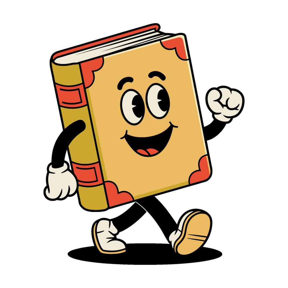 cartoon book character is walking with a smile on his face. The book is yellow and red vector