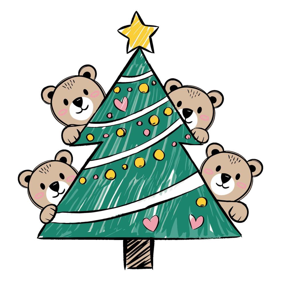 Charming doodle illustration of a Christmas tree adorned with playful bears vector