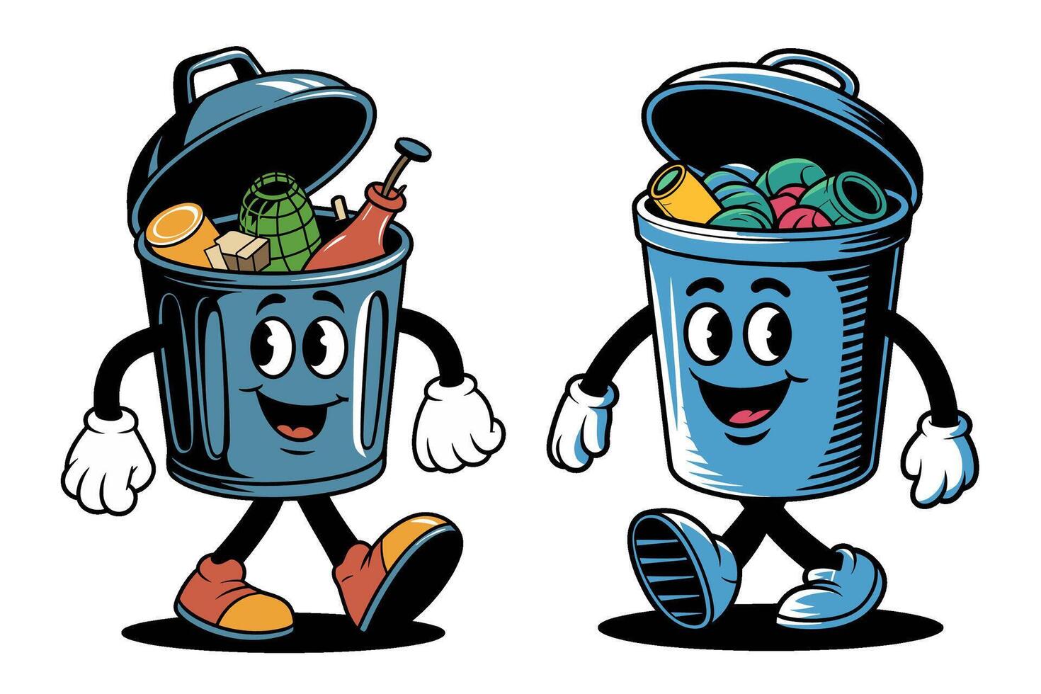 Two cheerful cartoon trash cans walk together, groovy illustration vector