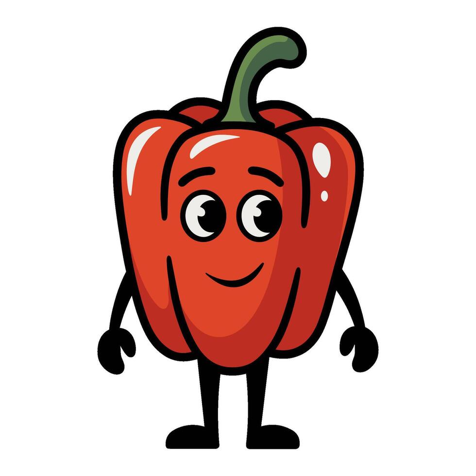 Cartoon red bell pepper character stands cheerfully, a flat design illustration vector