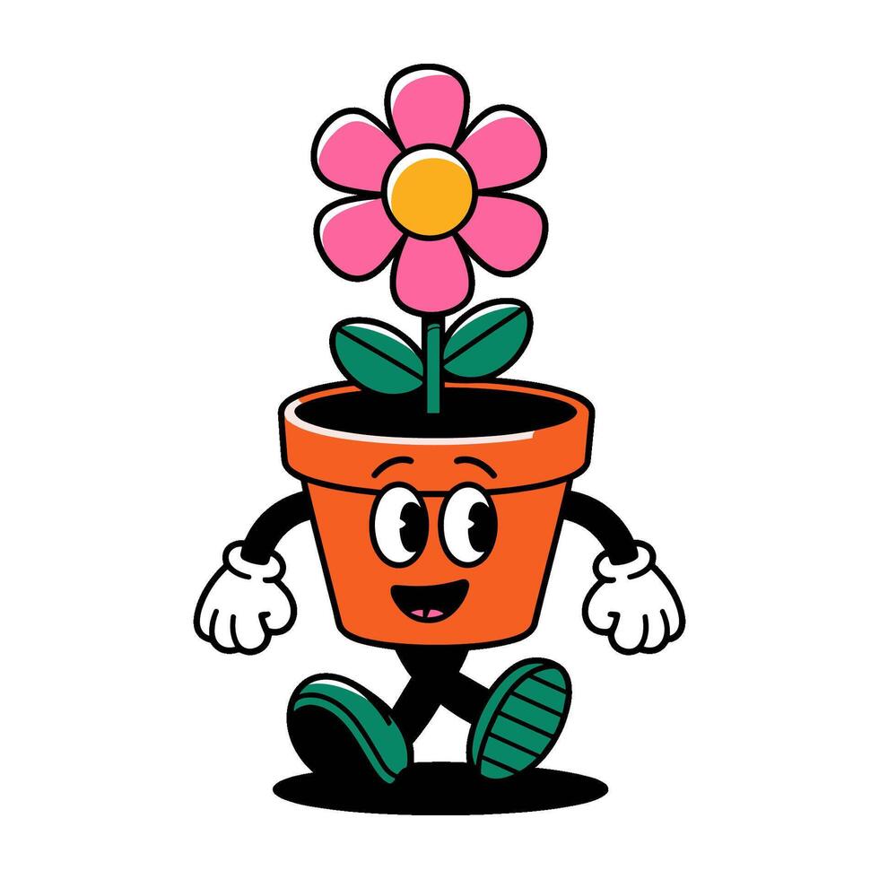 Cheerful retro character walking with a flower pot on a bright, sunny day in a playful cartoon style vector