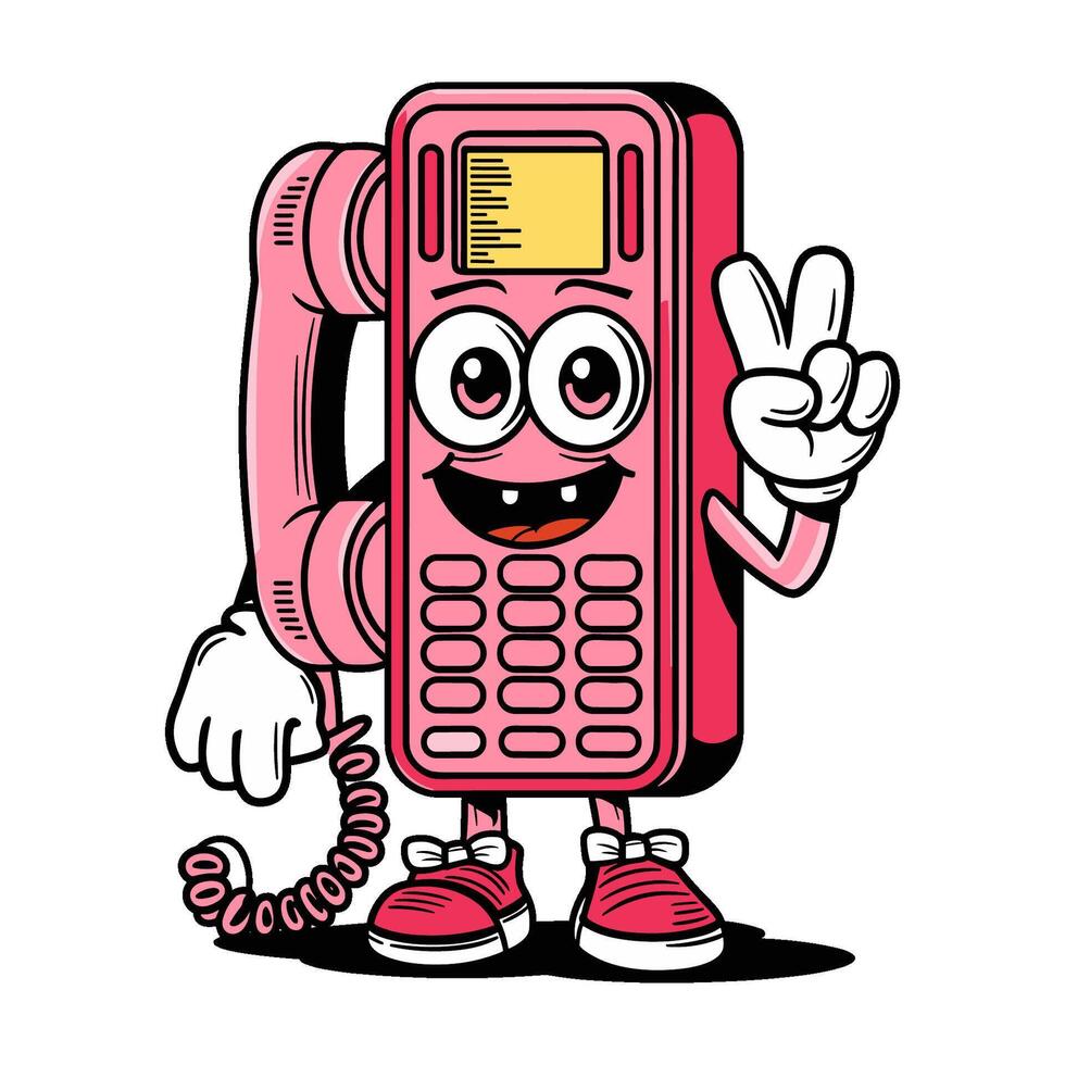 Retro character that resembles a cheerful phone with arms making a peace sign, bright colors cartoon style vector