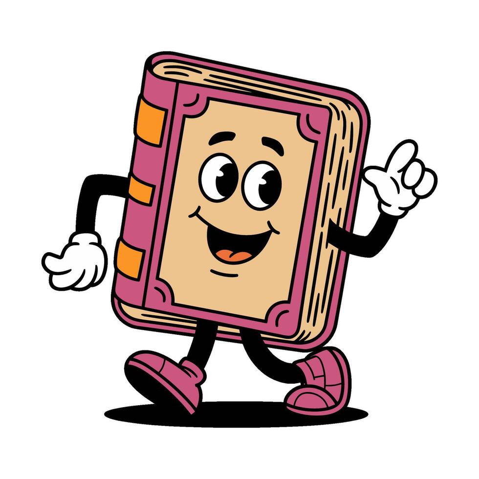 Cartoon happy book character walking with cheerful expression, groovy illustration vector