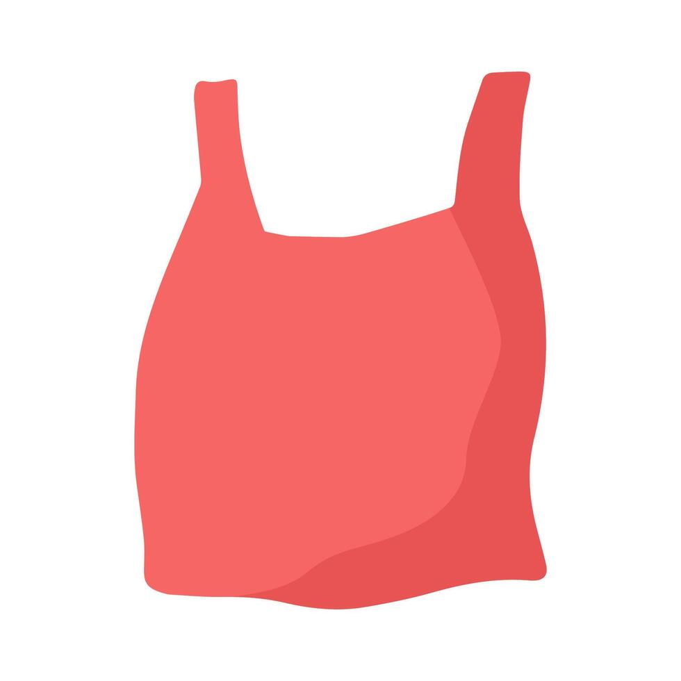 Crumpled plastic red bag icon. Disposable polyethylene shopping sack with handles. Empty package isolated symbol. Wrinkled, lightweight, used supermarket pack. Environmental pollution sign concept. vector