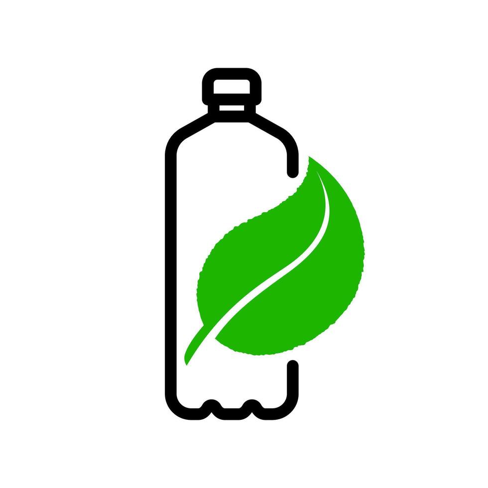 Black linear recycled plastic bottle with green leaf icon. Environmental conservation, waste reduction and reusable package symbol. Clean ecology focus on nature and water logo. Eco friendly sign vector