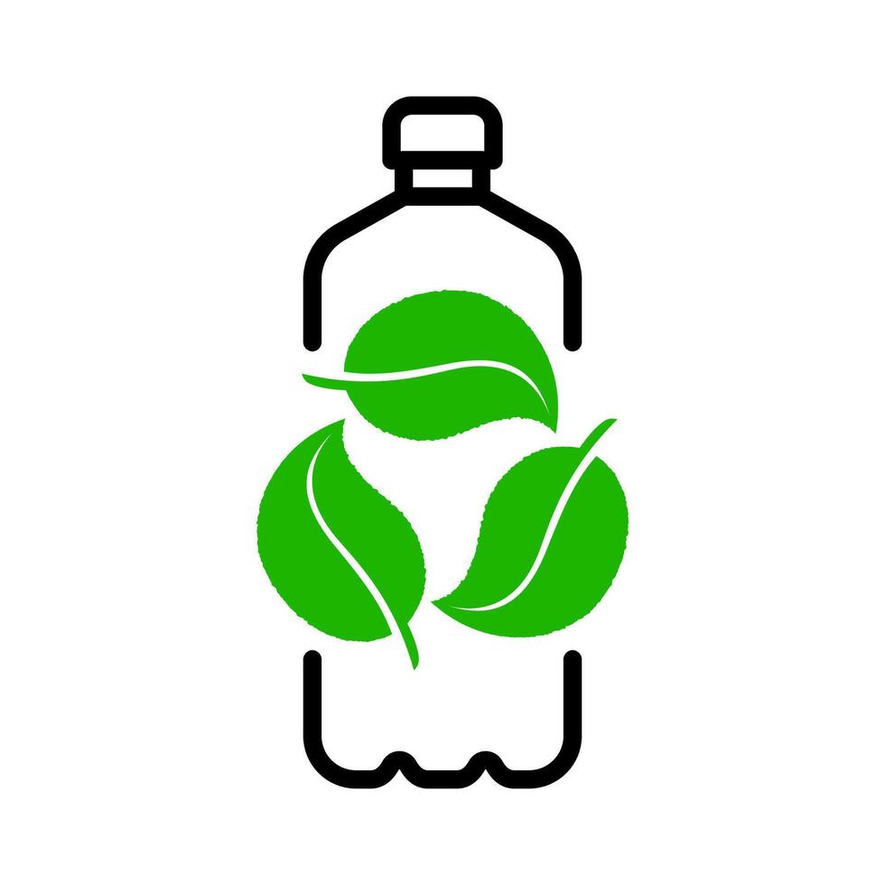 Recycled plastic bottle with leaves form recycling process symbol. Environmental conservation, waste reduction and reusable package icon. Clean ecology focus on nature and water logo vector