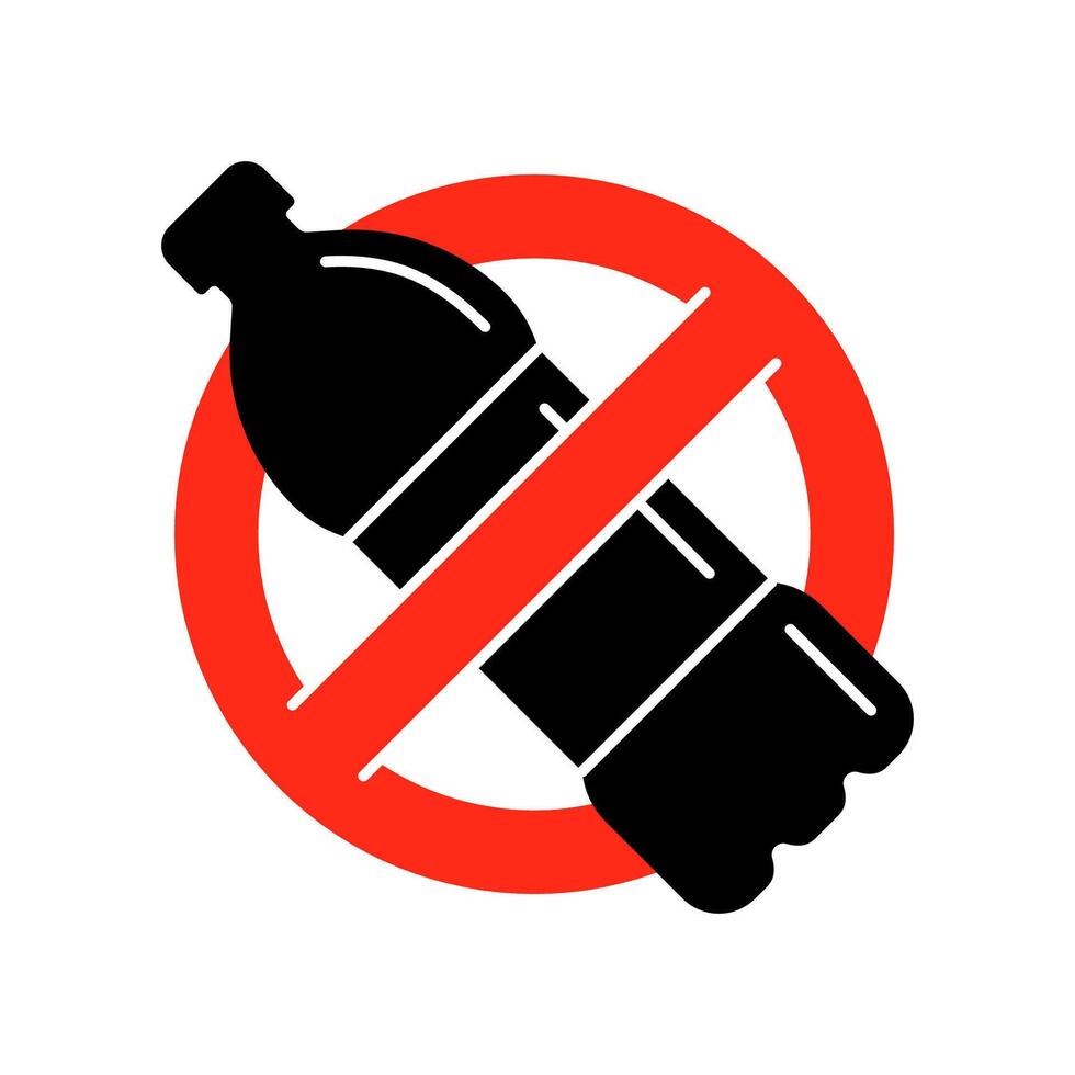 icon with red prohibition sign over plastic bottle. Minimalist outline style. No plastic, environmental protection, waste reduction and pollution prevention symbol. Eco conscious design. vector