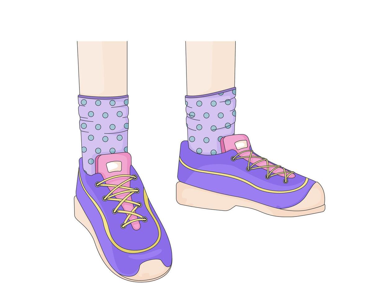 Childish sneakers with polka dot socks 2D cartoon character legs. Casual wear, kid fashion shoes. Youthful aesthetic footwear flat bodypart closeup isolated on white. Spot illustration colorful vector