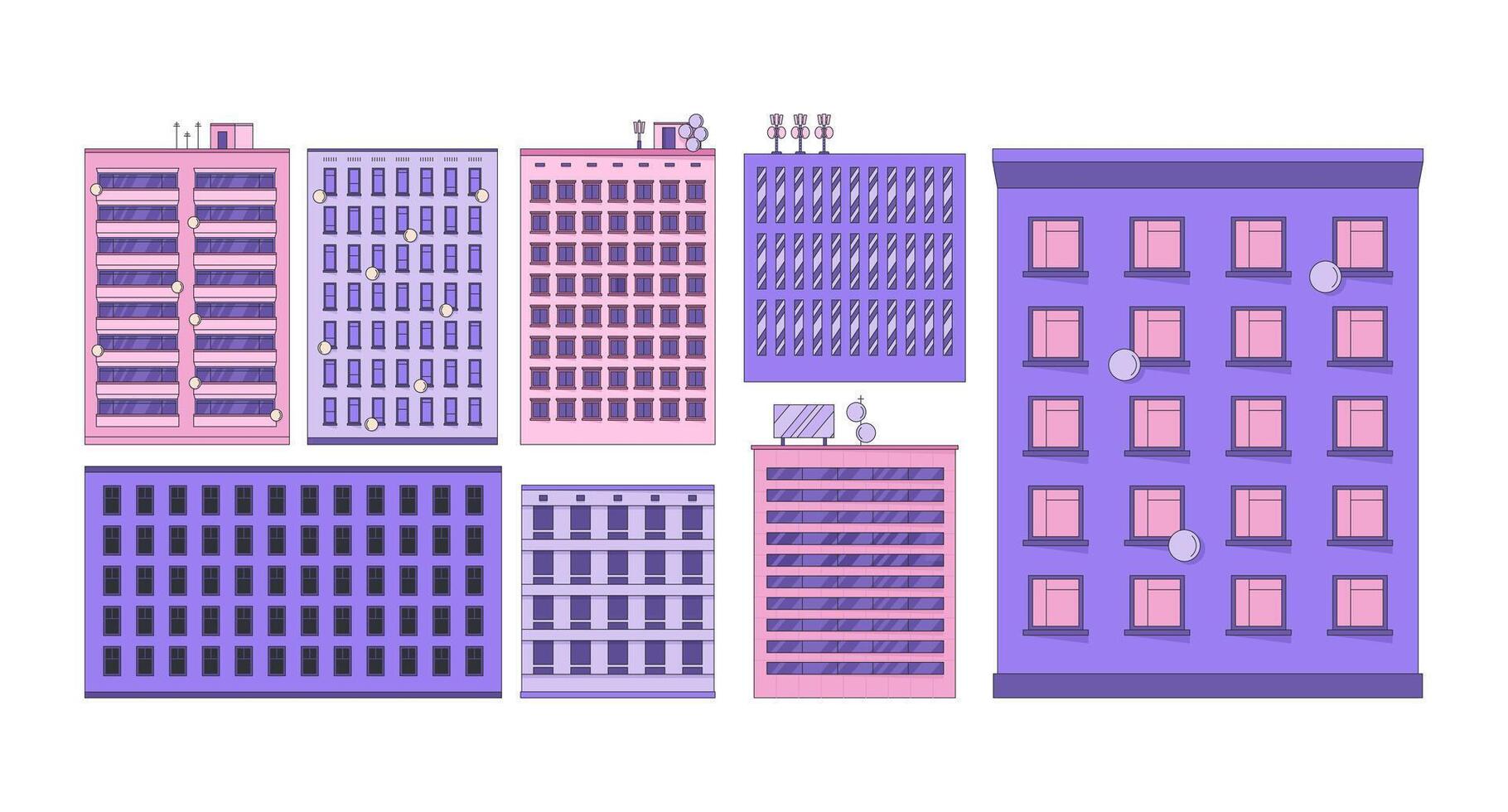 Highrise buildings in variety of architectural styles with antennas 2D cartoon objects set. Downtown office apartments isolated elements flat clip arts on white. Spot illustrations collection vector