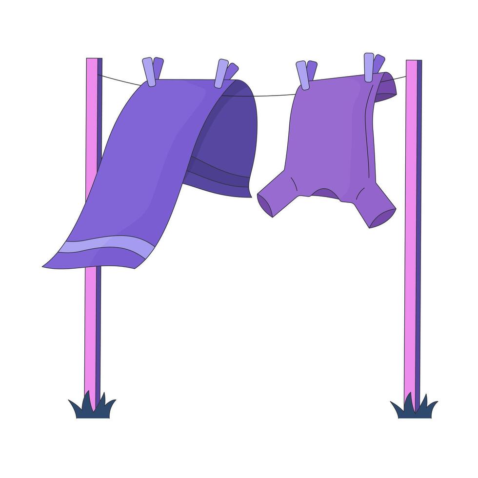 Freshly washed clothes hanging on clothesline 2D cartoon object. Fresh laundry eco friendly. Washing day. Towel and tshirt drying rack isolated element flat clip art on white. Spot illustration vector