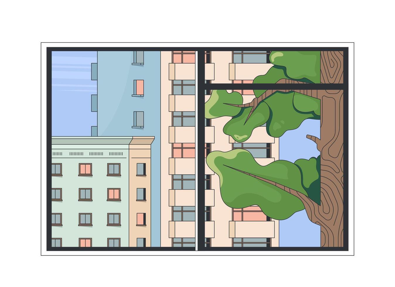 Cityscape view through window 2D cartoon object. Residential neighborhood. Urban city with modern buildings and tree windowpane isolated element flat clip art on white. Spot illustration vector