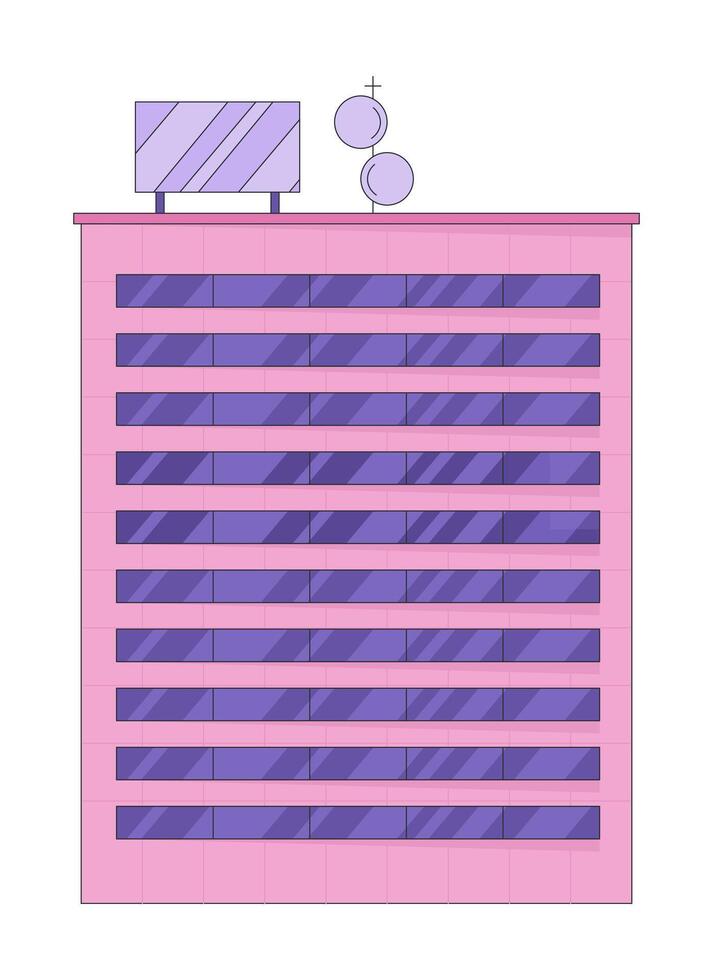 Contemporary office tower with glass windows 2D cartoon object. Rooftop communication equipment. Headquarters commercial property isolated element flat clip art on white. Spot illustration vector