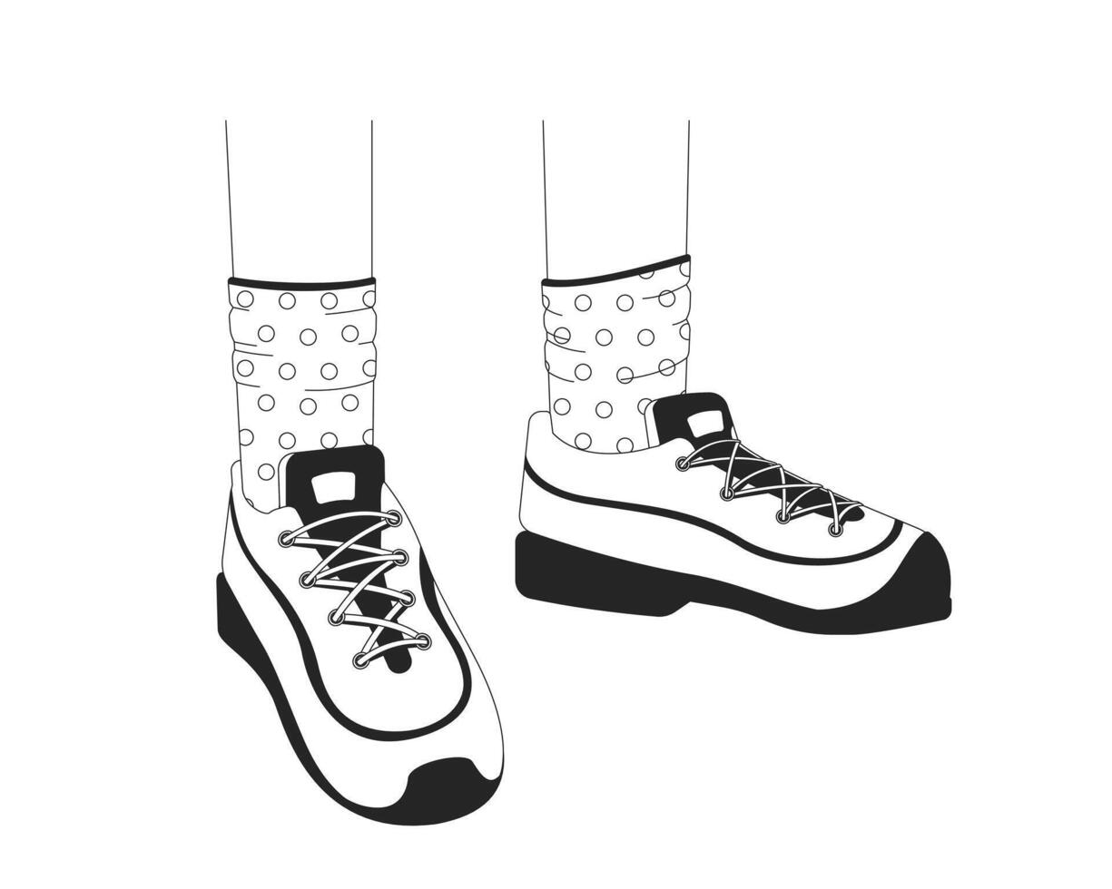Childish sneakers with polka dot socks 2D line character legs. Casual wear, kid fashion shoes. Youthful aesthetic footwear isolated ink outline bodypart closeup. Monochromatic spot illustration vector