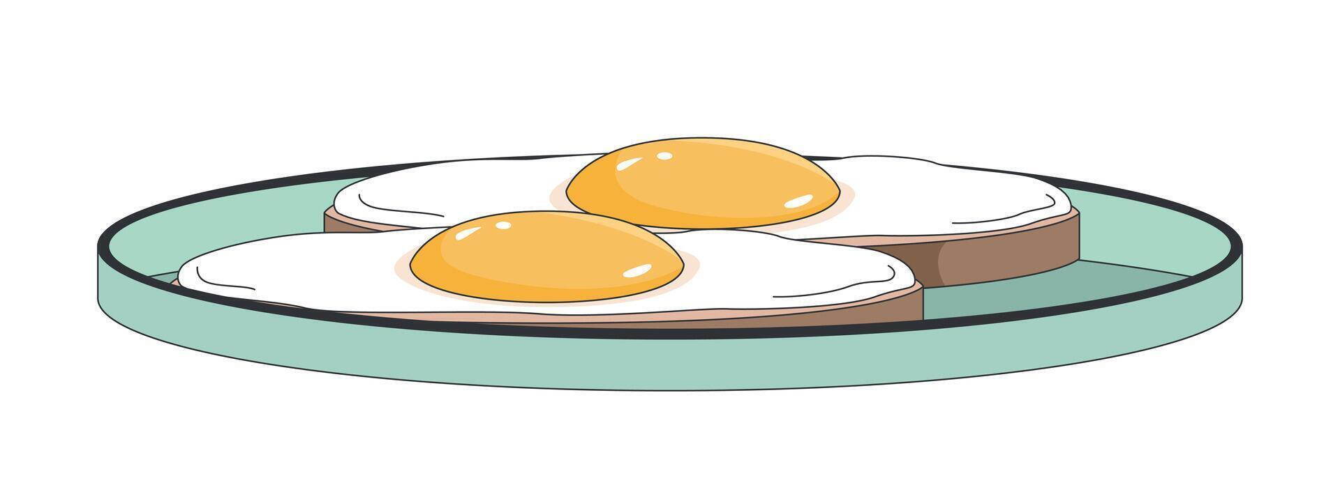 Breakfast with fried eggs on toasts placed on plate 2D cartoon object. Morning food. Cozy brunch. Home cooking. Homemade meal isolated element flat clip art on white. Spot illustration vector