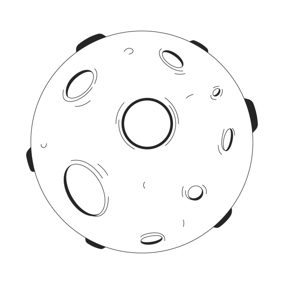 Fantasy moon with craters 2D line object. Surreal celestial body. Dreamy lunar surface. Sci-fi theme. Dreamlike cosmic planet isolated clipart ink outline item. Monochrome spot illustration vector