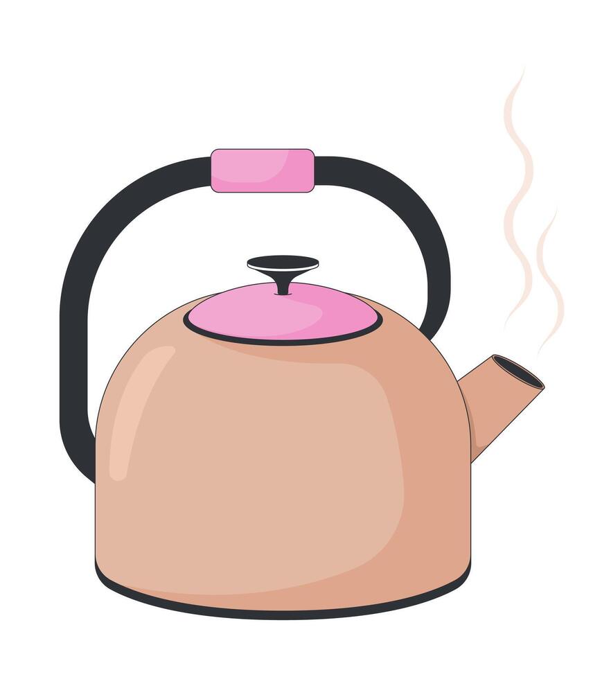 Stove kettle with steam 2D cartoon object. Home comfort, kitchen essential, tea preparation. Boiling water. Kitchenware teapot isolated element flat clip art on white. Spot illustration vector