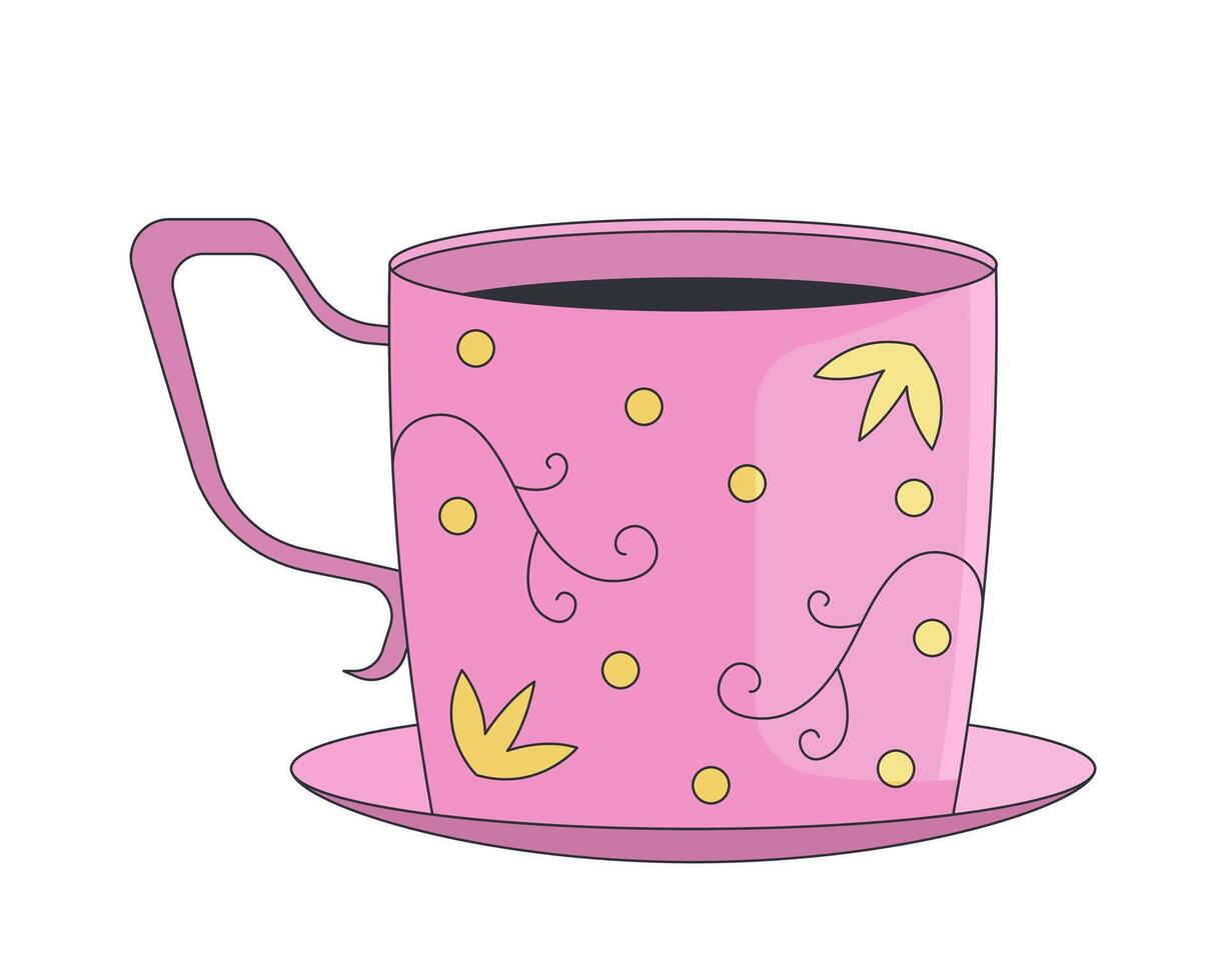 Elegant vintage pink teacup with floral patterns 2D cartoon object. Tea cup with intricate decorations placed on saucer isolated element flat clip art on white. Spot illustration vector