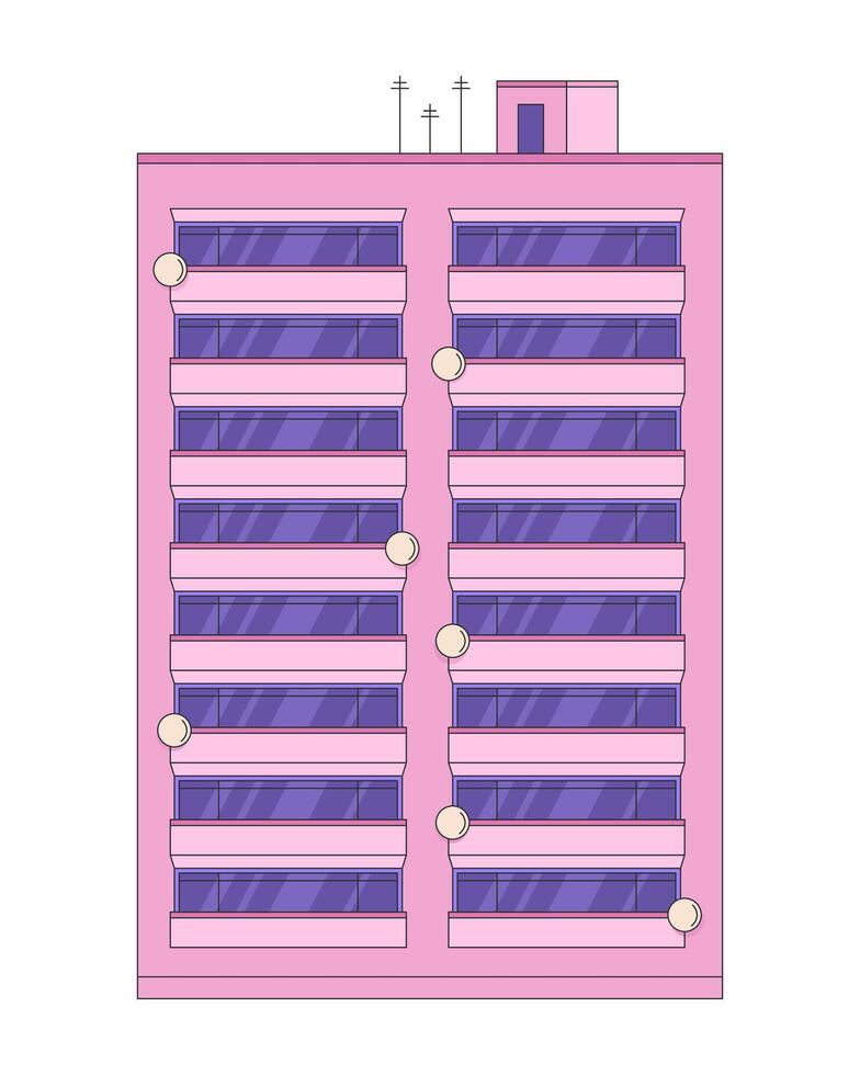 Modern apartment building with balconies 2D cartoon object. City architecture. Residential complex. Realestate multistory housing isolated element flat clip art on white. Spot illustration vector