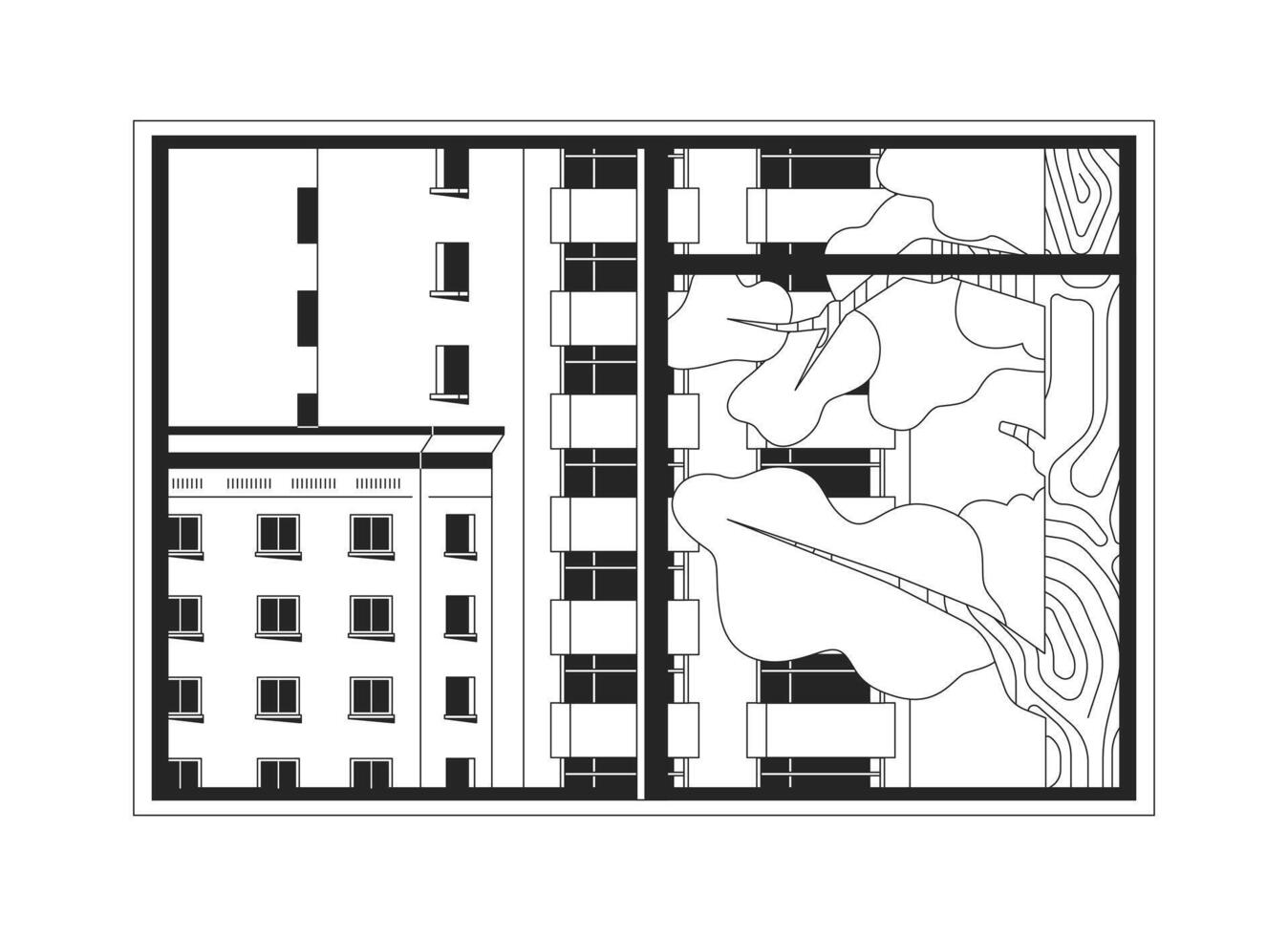 Cityscape view through window 2D line object. Residential neighborhood. Urban city with modern buildings and tree windowpane isolated clipart ink outline item. Monochrome spot illustration vector