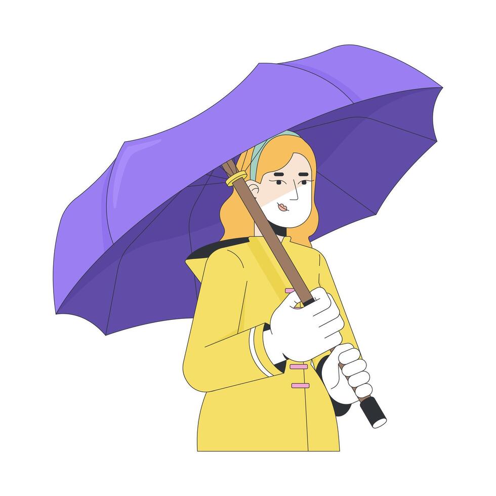 Raincoat blonde woman holding umbrella rainy weather 2D cartoon character. Rain protection. Caucasian girl in waterproof clothing flat person isolated on white. Spot illustration colorful vector