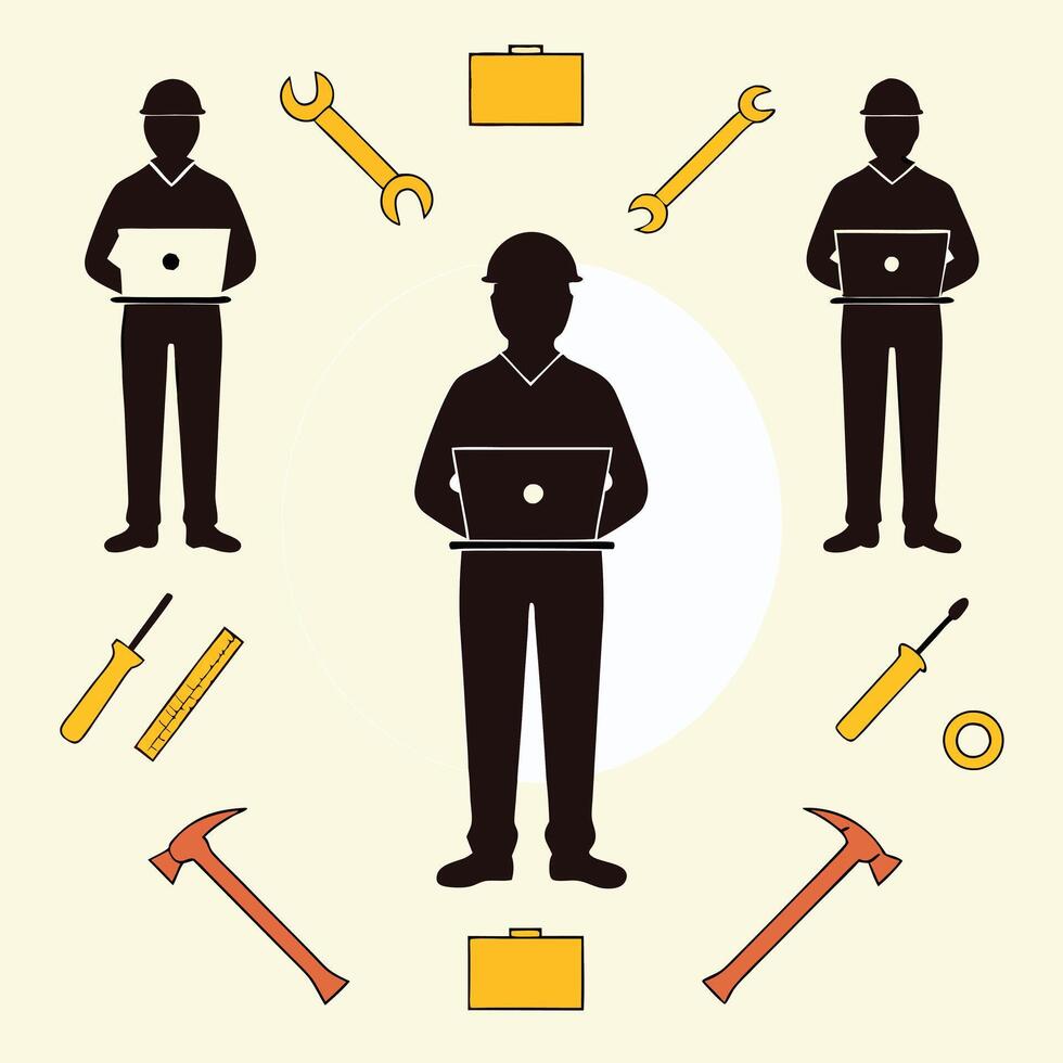 Minimalist Construction Worker Silhouettes Performing Tasks vector