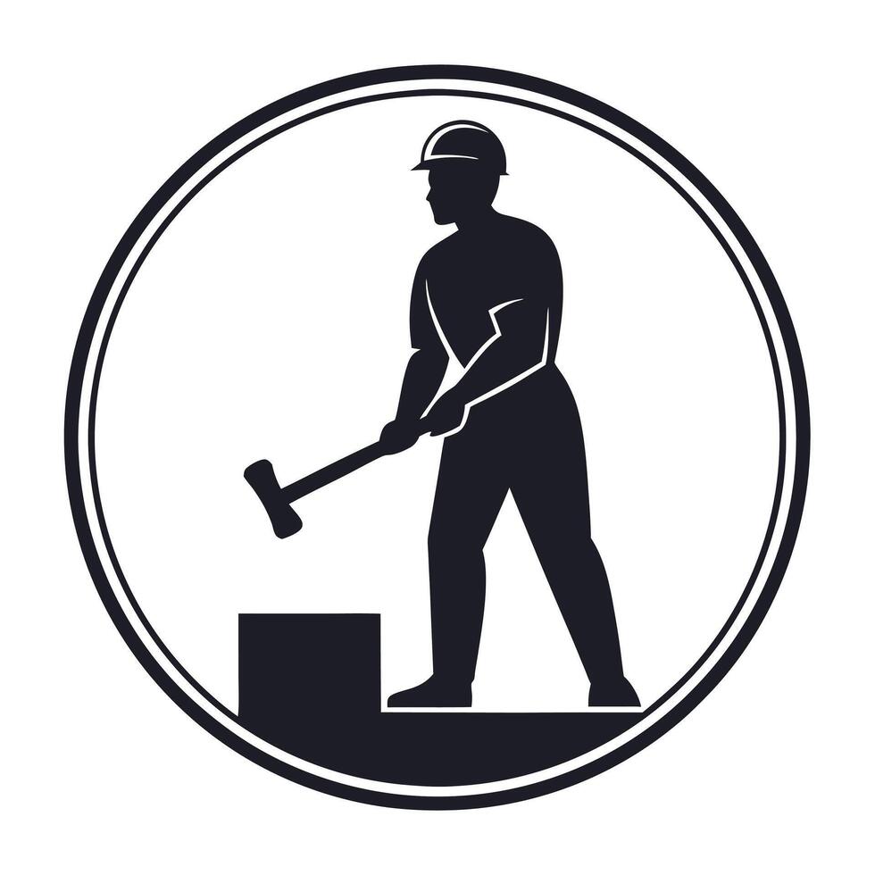 Construction Worker Silhouette Breaking Stone with Hammer vector