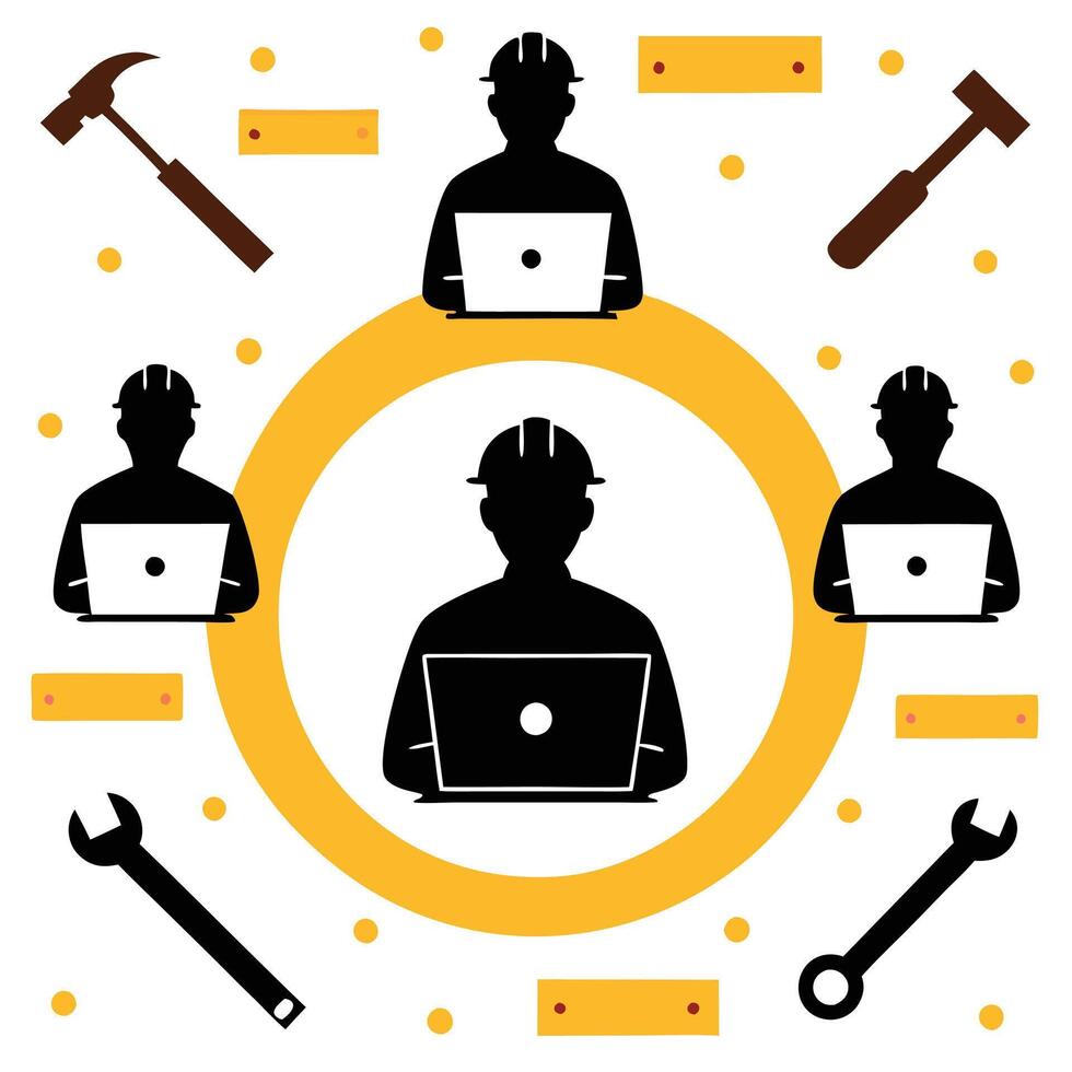 Construction Laborers in Action Silhouette Icon Set vector