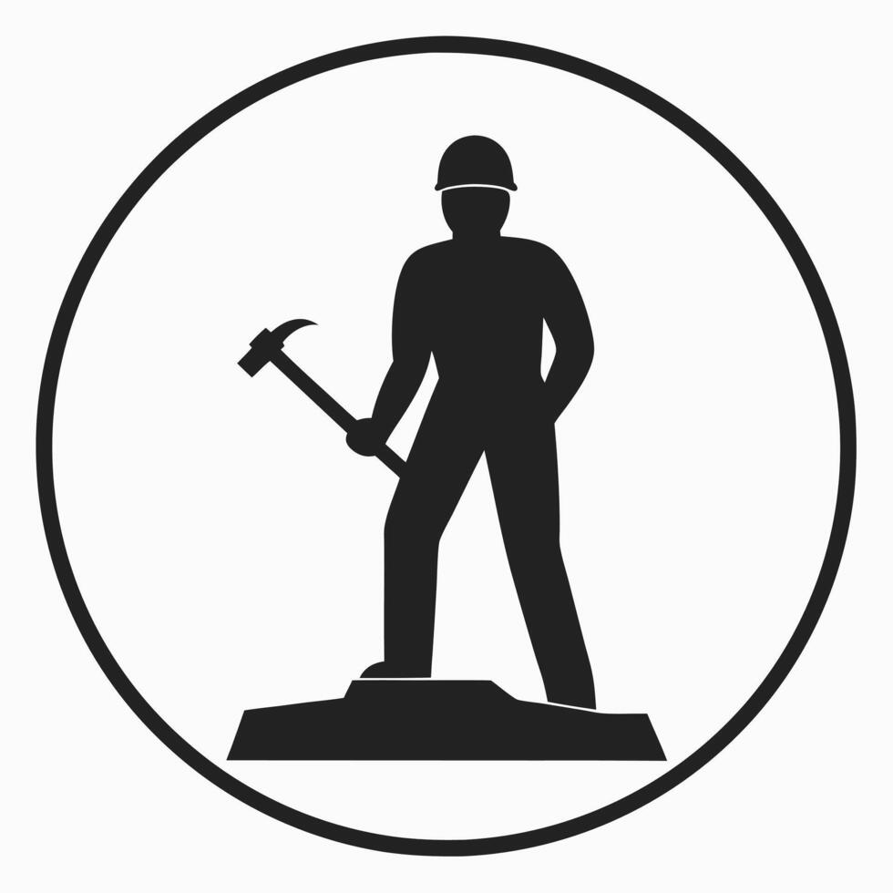Strong Worker Silhouette Chiseling Stone with Hammer vector