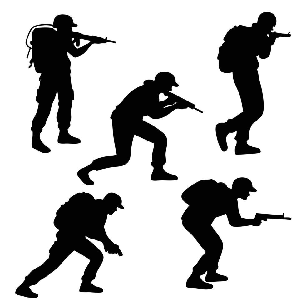 Spy, Soldier, and Assassin Silhouettes for Action Scenes vector