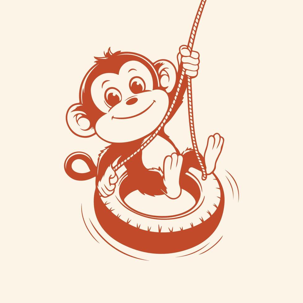Playful monkey swinging on tire vector