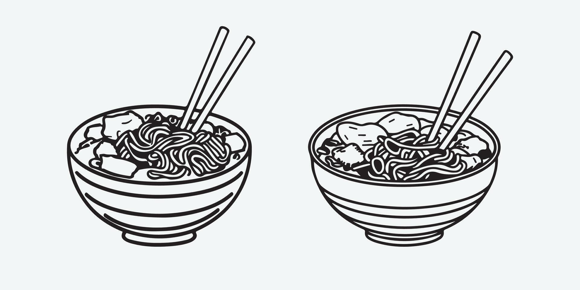 Sketch style drawing of a noodles bowl with chopsticks and noodles bowl illustration vector