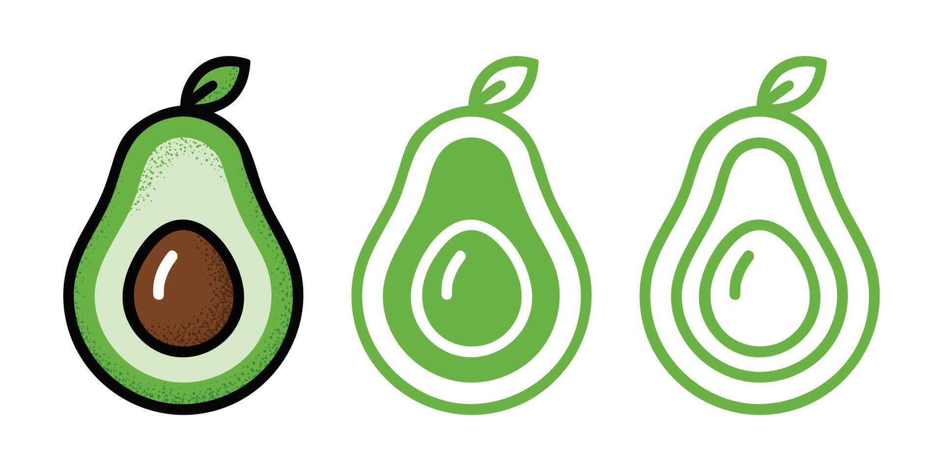 Half avocado illustration set and outline avocado icon set vector