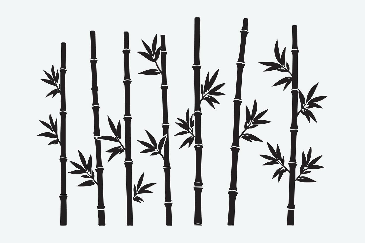 bamboo forest stems, jungle bamboo silhouettes with branches and leaves, decorative illustration set vector
