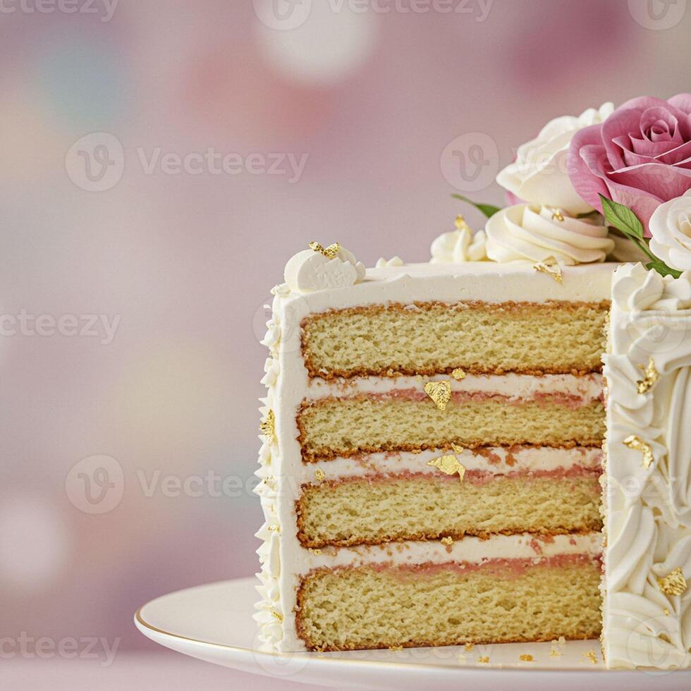 Delicious Layered Cake with Pink Filling Roses photo
