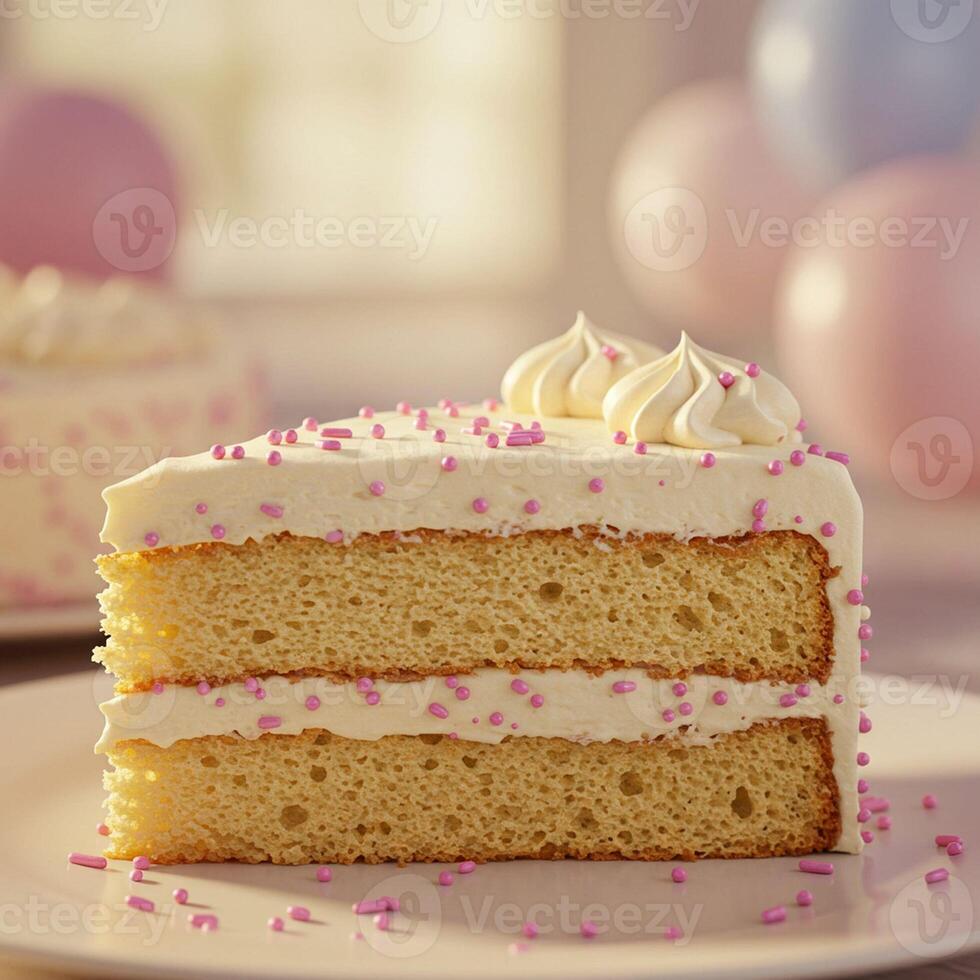 Delicious Two Layer Vanilla Cake Slice with Pink Sprinkles Frosting photo
