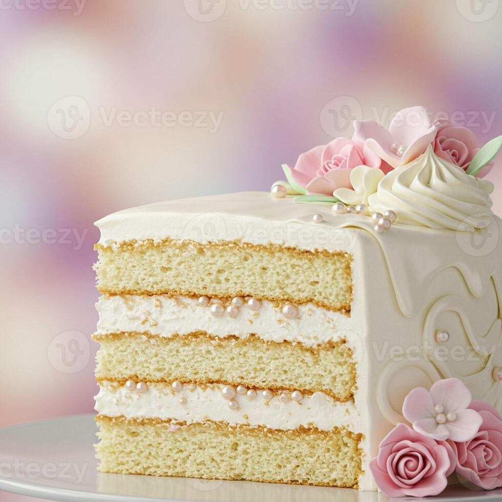 Delicious Layered Vanilla Cake with Pink Flowers and Pearls photo