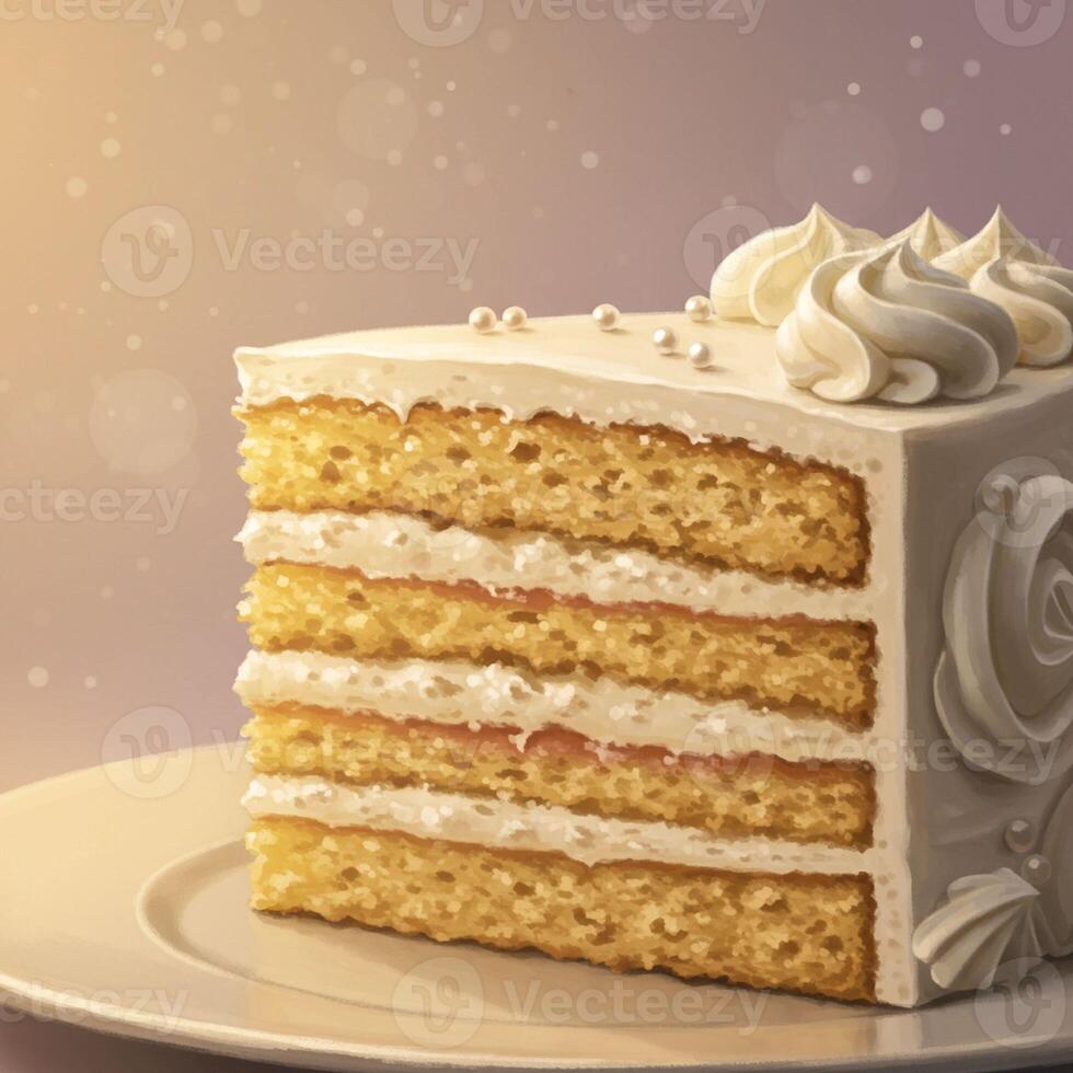 Delicious Four Layer Vanilla Cake Slice Sweet Dessert photo