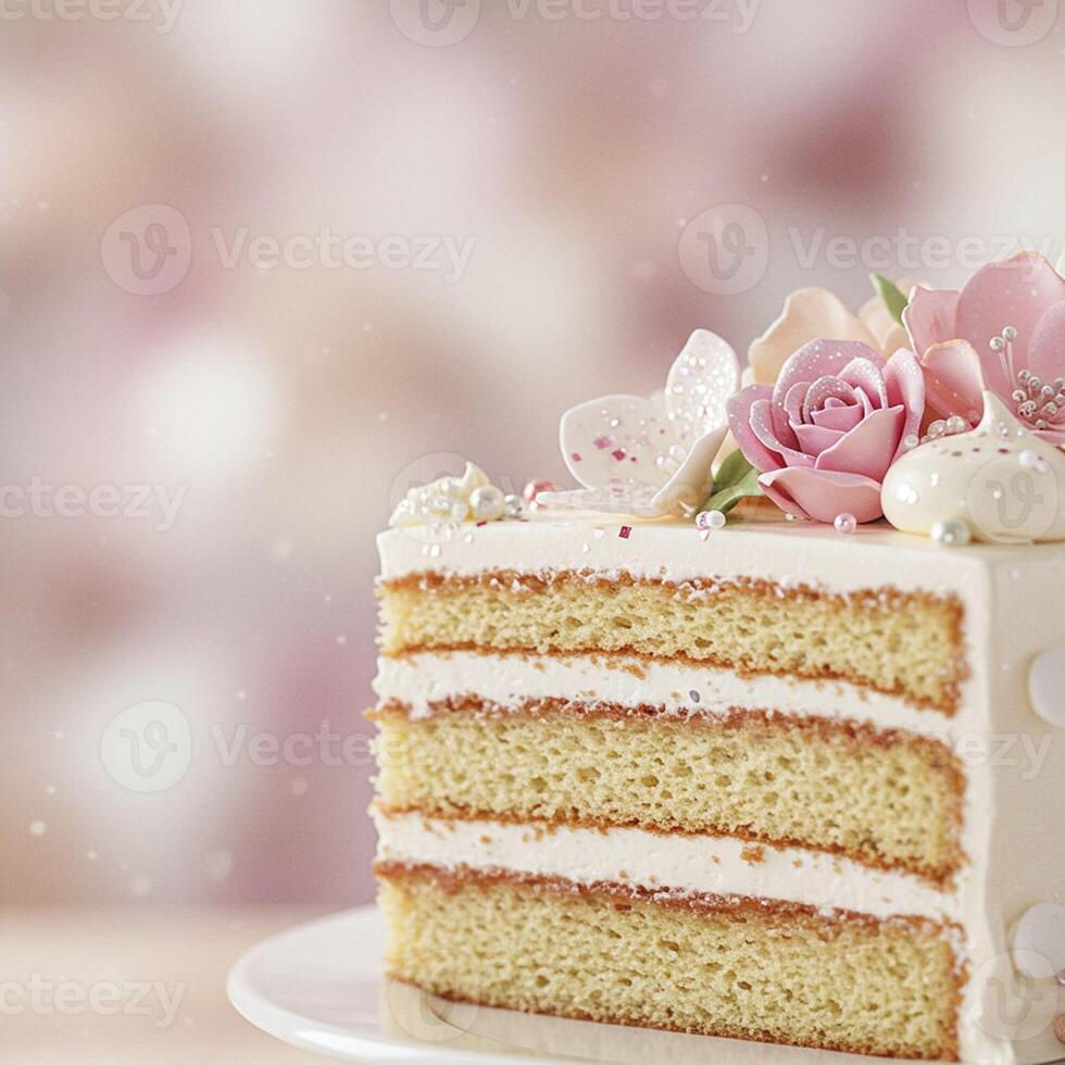 Delicious Layered Cake with Pink Flowers Festive Dessert photo