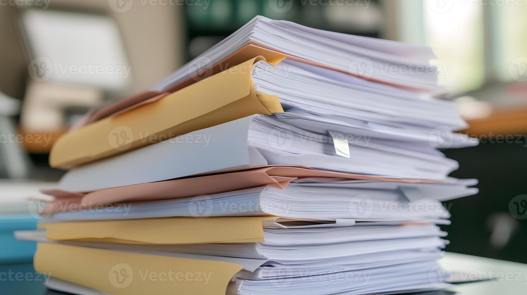 Organized Stack of Multicolored Paper Files on Office Desk photo