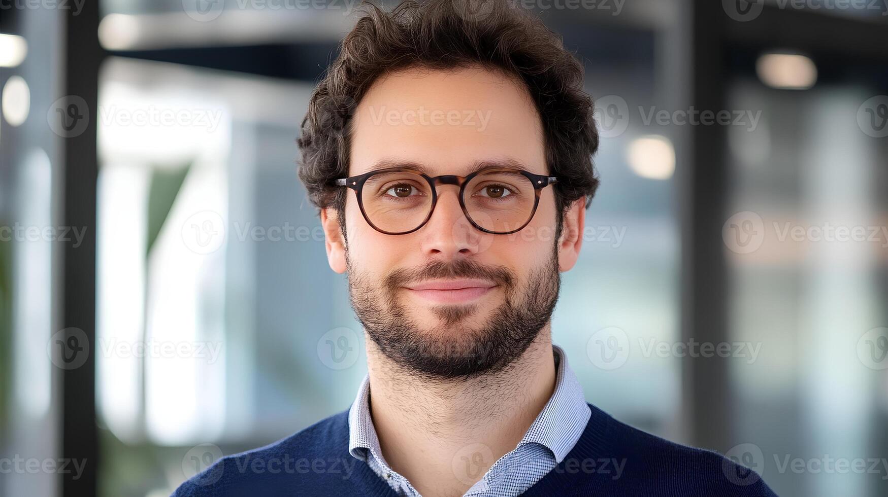 Professional Portrait of Young Man with Glasses in Modern Office Setting photo