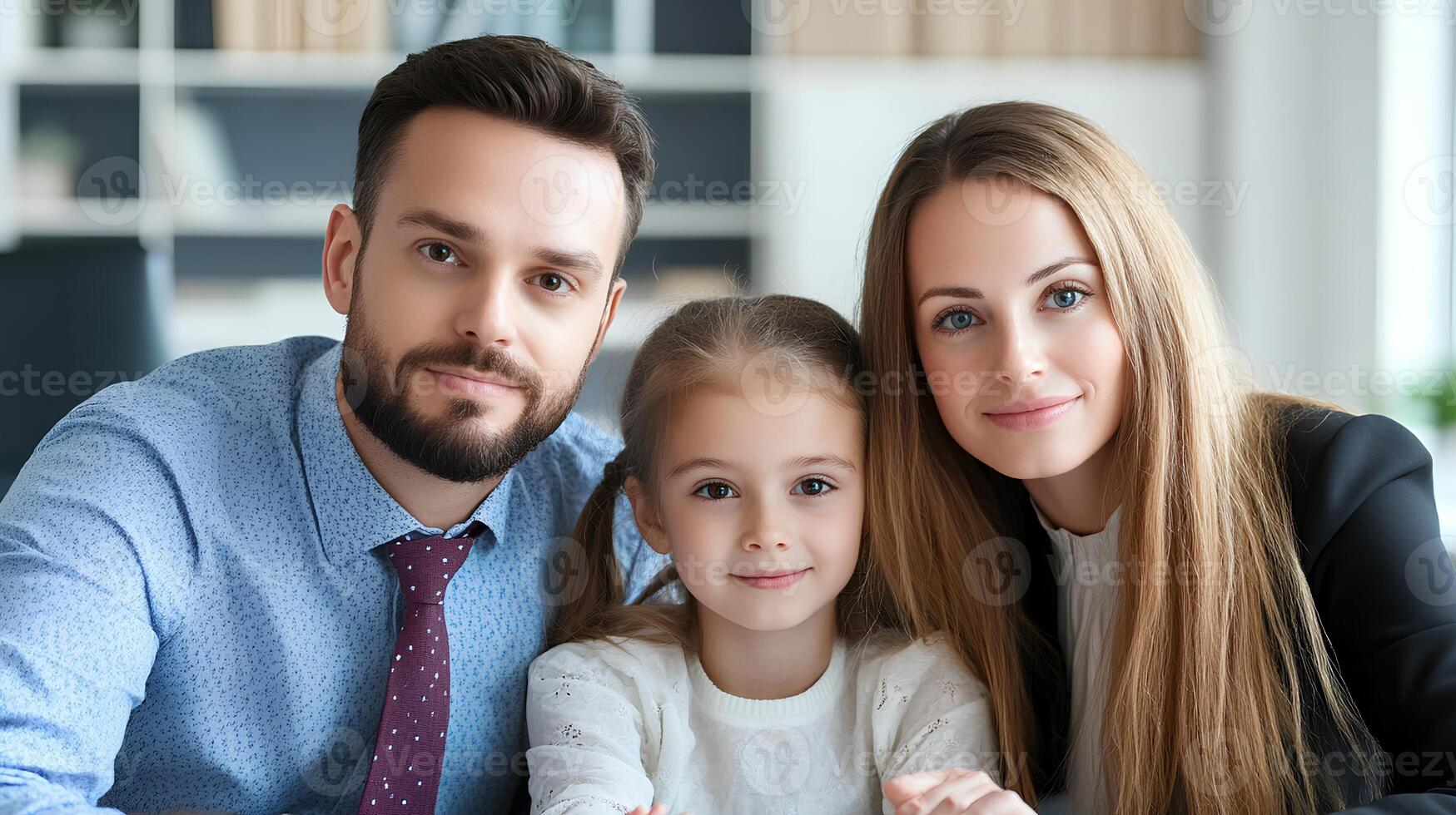 Family Portrait of Smiling Parents with Their Young Daughter at Home photo