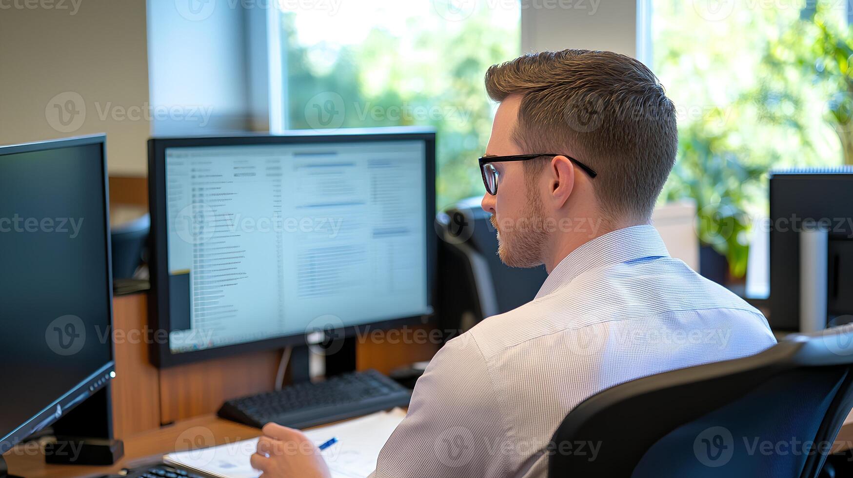 Focused Office Worker Engaged in Computer Task at Workspace photo