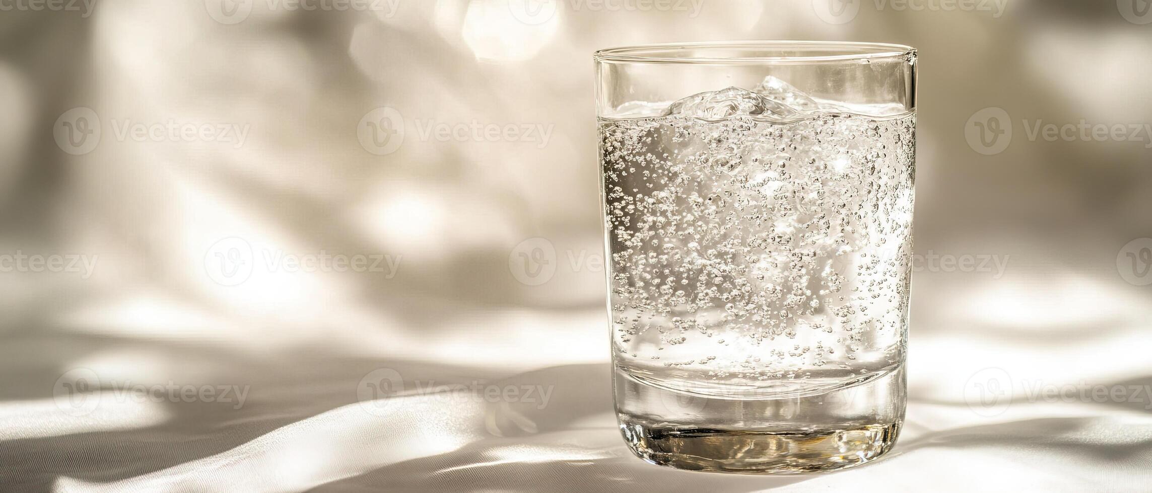 Close up of a glass filled with sparkling mineral water and ice reflecting golden sunlight on a silky surface photo