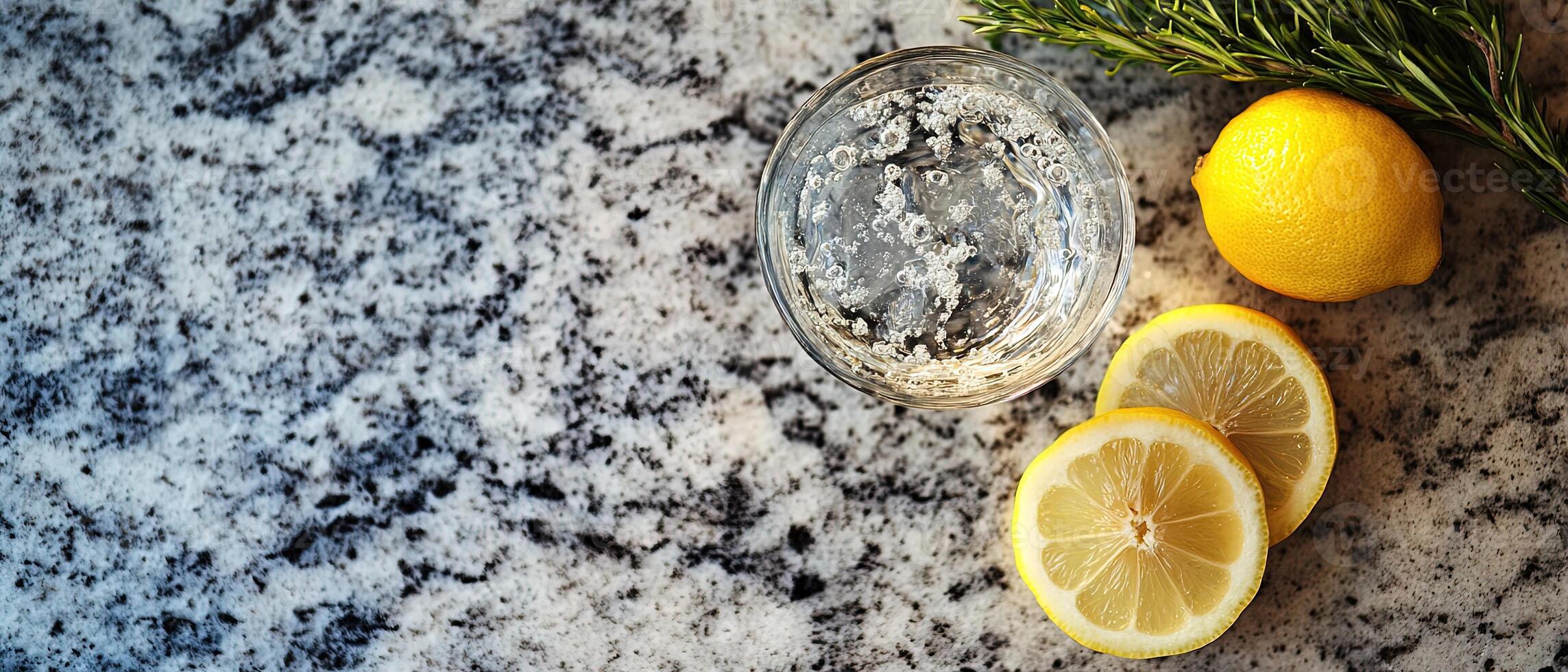 Flat Lay of Sparkling Water with Lemon and Rosemary on Granite Countertop with Space for Text photo