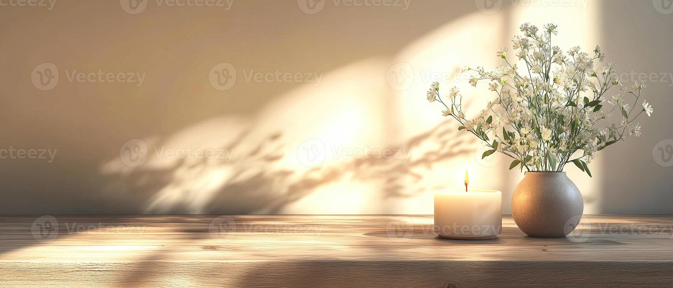 Cozy Natural Interior with a Wooden Table a Flickering Candle and a Simple Vase with Wild White Blossoms photo