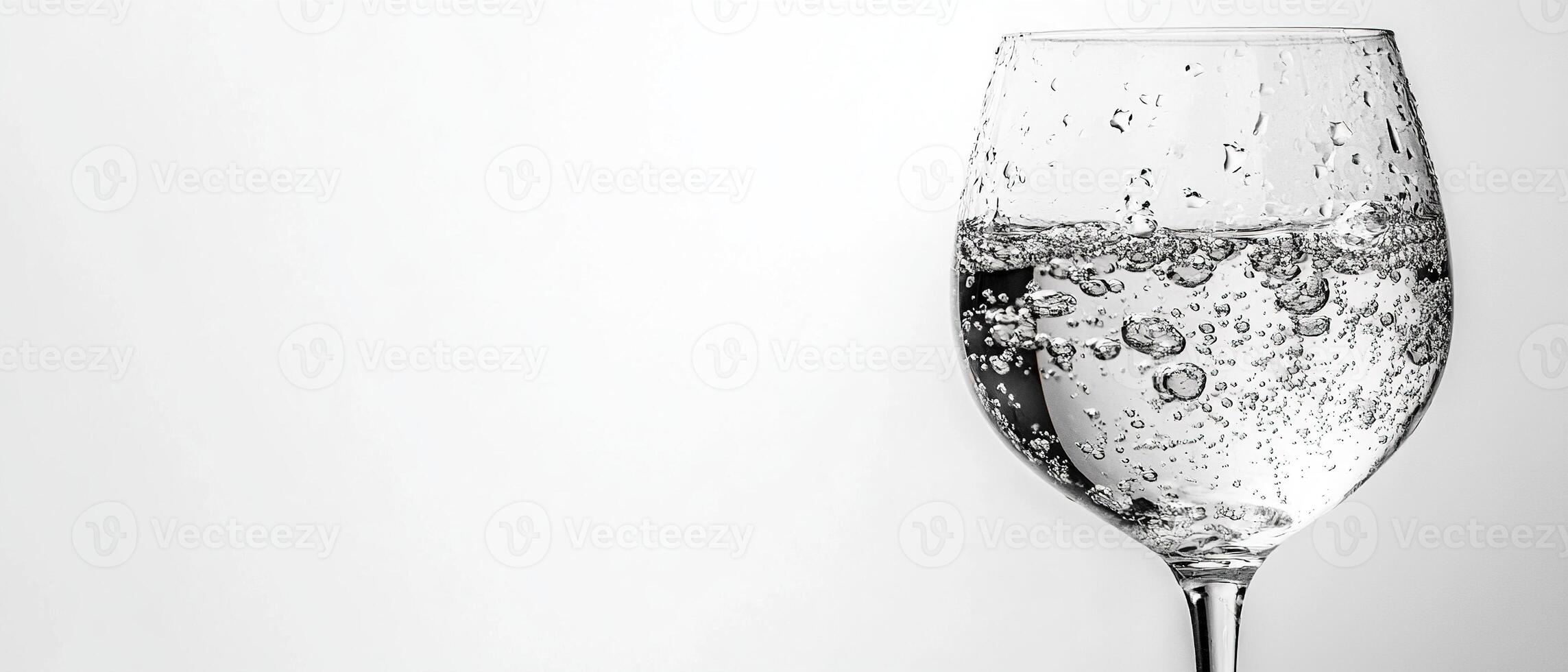Close up of a wine glass filled with sparkling water and bubbles on a clean white background photo
