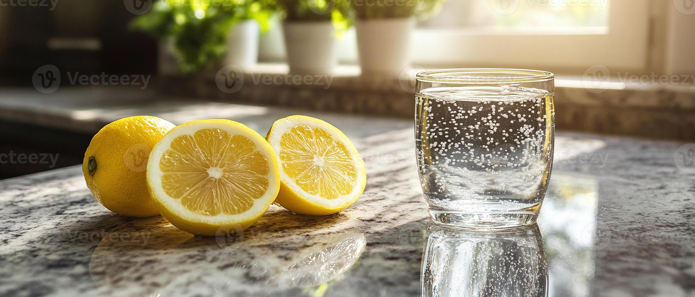 Refreshing Lemon Sparkling Water on Granite Countertop with Sunlight Reflection photo