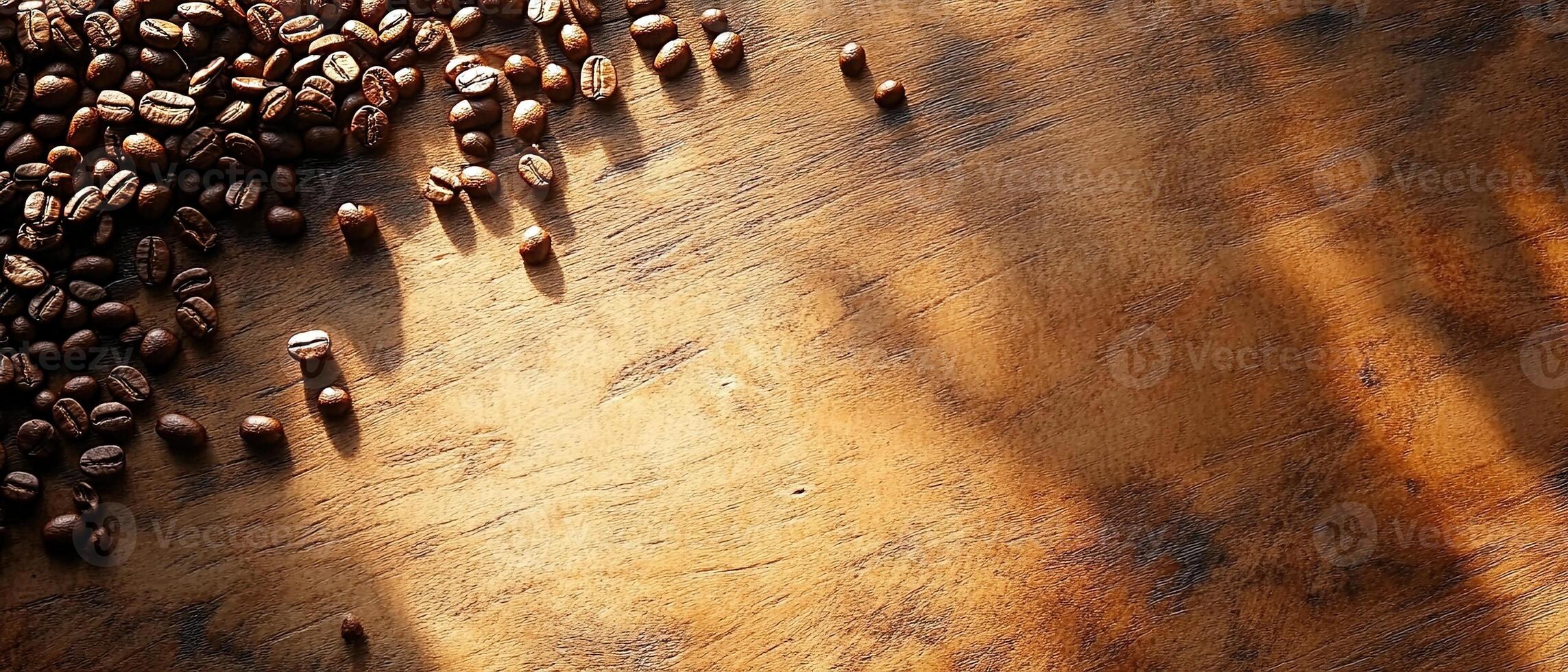 Freshly Roasted Coffee Beans Spread Across a Rustic Wooden Table with Copy Space photo