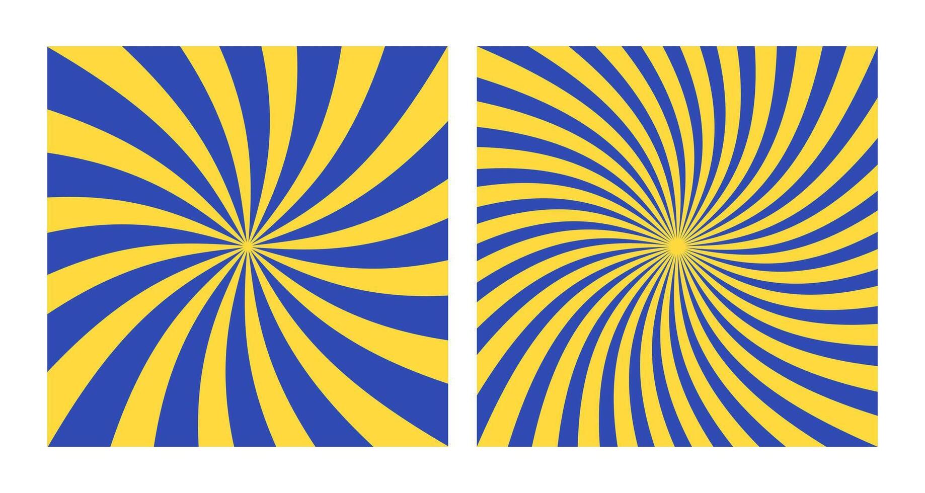 Set of Two Abstract Blue Spiral Patterns on Yellow Background. Square Posters with Blue and Yellow Groovy Hypnotic Swirls, Retro Inspired Grunge Sun Bursts vector
