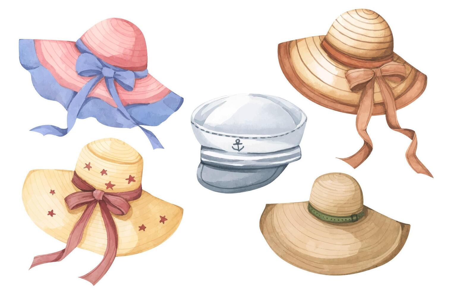 Hat Summer Watercolor Print - Flat Minimal Design Featuring a Bohemian Beach Hat with Warm Summer Tones vector